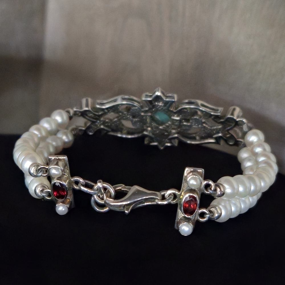 Nicky Butler 925 Sterling Silver Turquoise Pearl Garnet Topaz Designer Bracelet - Picture 6 of 16
